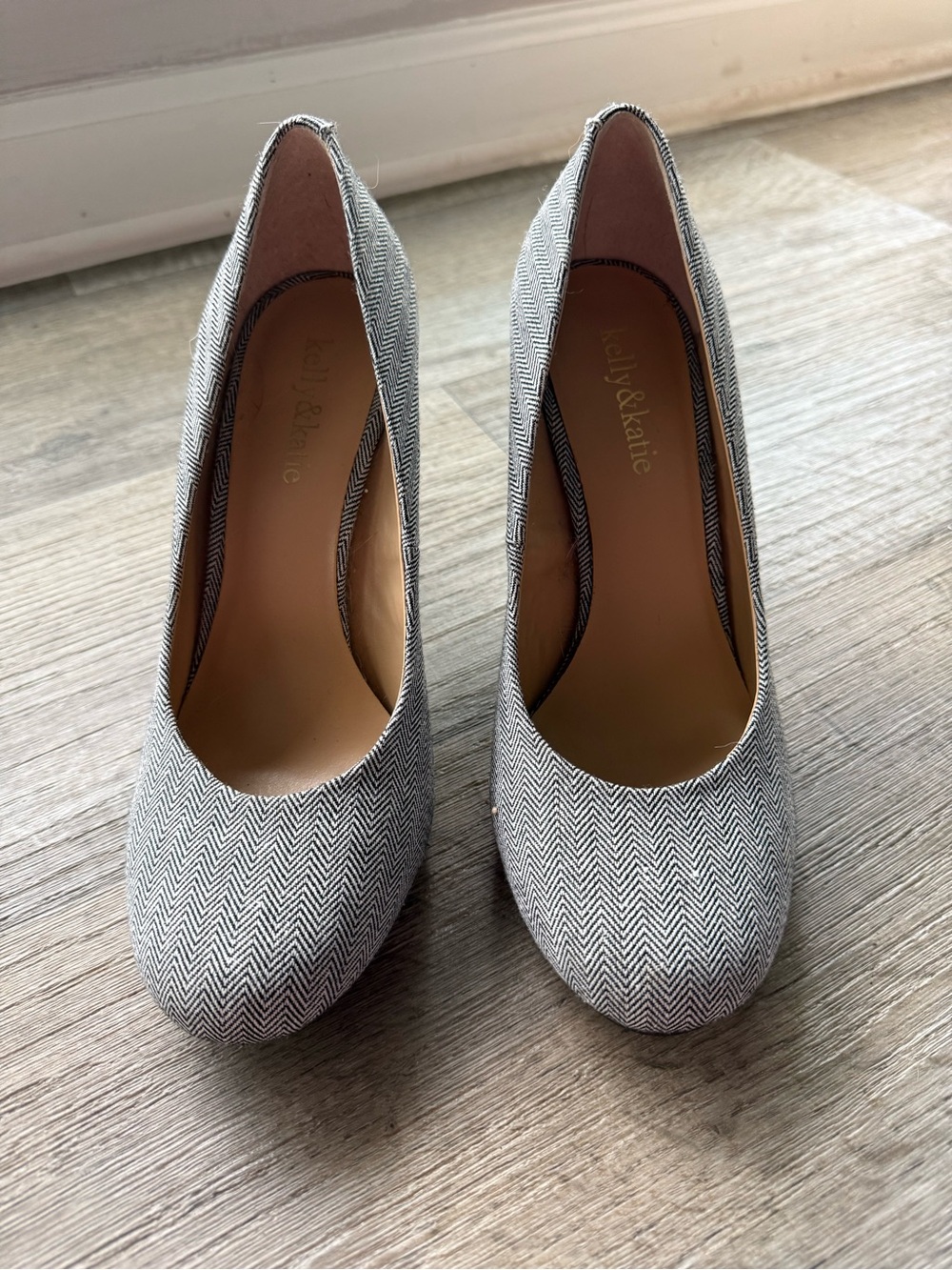 Kelly & Katie Black and White Herringbone Round Toe Pumps